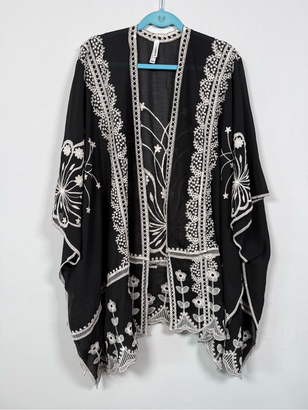 Torrid Black Georgette Embroidered Boho Open Front Kimono Cardigan One Size